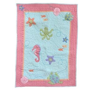 Nautical‎ Sea Turtle Seahorse Fish Quilted Baby Toddler Blanket Crib Throw
